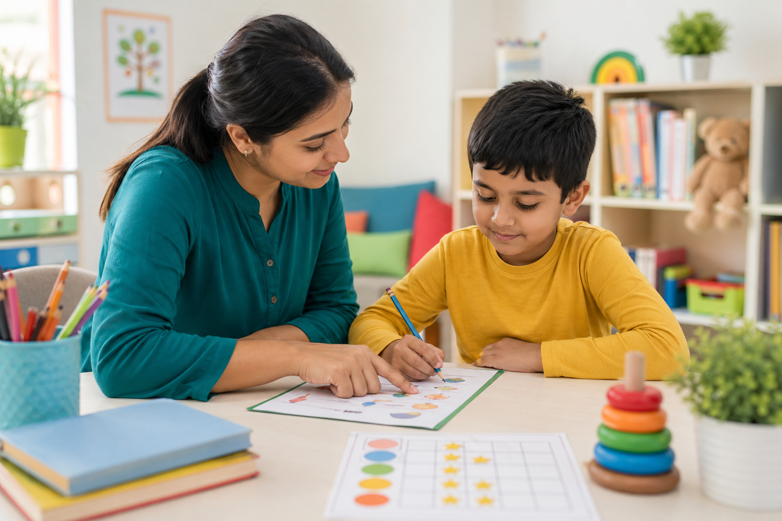 Educator guiding a child through a learning activity