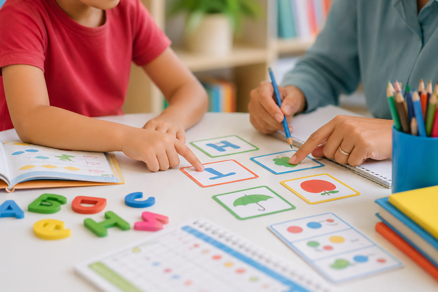 Hands using learning cards and classroom materials